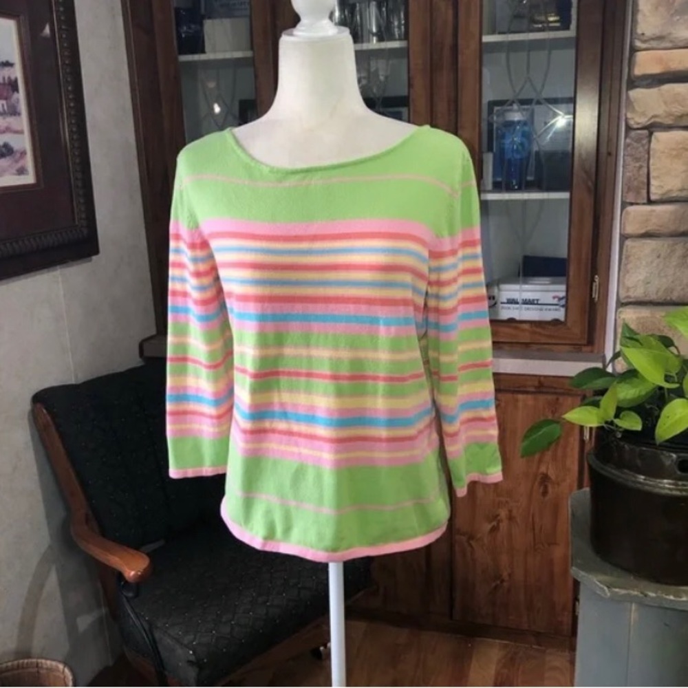 TALBOTS SIZE MEDIUM PASTEL STRIPED CREW NECK SWEATER 3/4 SLEEVE